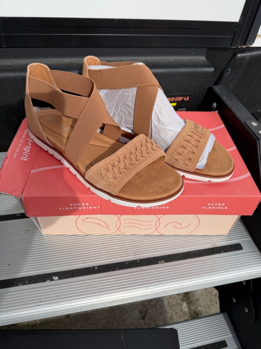 Easy Spirit Tan Woven Elastic Crossover Sandals